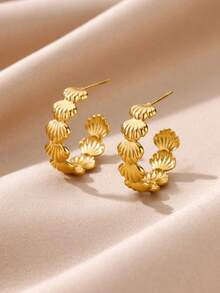 1 Pair Summer Ocean Style Shell C-Shaped Earrings, 18K Gold Plated Stainless Steel Jewelry, Versatile Beach Vacation Gift - Multicolor - View 2
