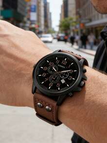 Casual Fashion Quartz Watch, Wallet And Keychain Set For Teenagers, PU Leather Inlaid Design Strap, Round Alloy Case, Coffee Brown Casual Design, Suitable As Festival Gift, Daily Gathering Outfit, Music Festival, Party, Birthday Gift, No Packaging Included - Coffee Brown - View 5