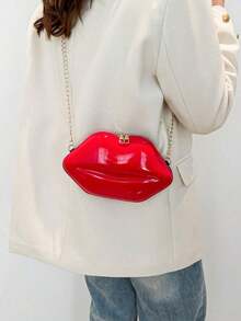 1pc Fashionable Shiny Lip Shaped Women Chain Crossbody Unique Mini Handbag PU Leather Small Bag - 紅色 - 查看 6
