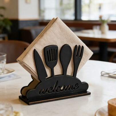 1/4 pièces Porte-serviettes en bois ajouré noir, décoré de motifs de café, de patte, de cœur et de couverts. Convient pour les cuisines, salles à manger, salons, cafés et la décoration minimaliste de la maison.