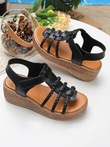 1 Pair Girls' Summer Roman Sandals, Fashionable Minimalist Hook And Loop Strap Solid Color Casual Thick Sole Non-Slip Open Toe Wedge Sandals - Black - View 7