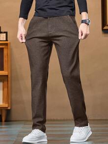 Men's Casual Elastic Waist Solid Color Side Pocket Pants, Suitable For Daily Wear - Coffee Brown - View 2