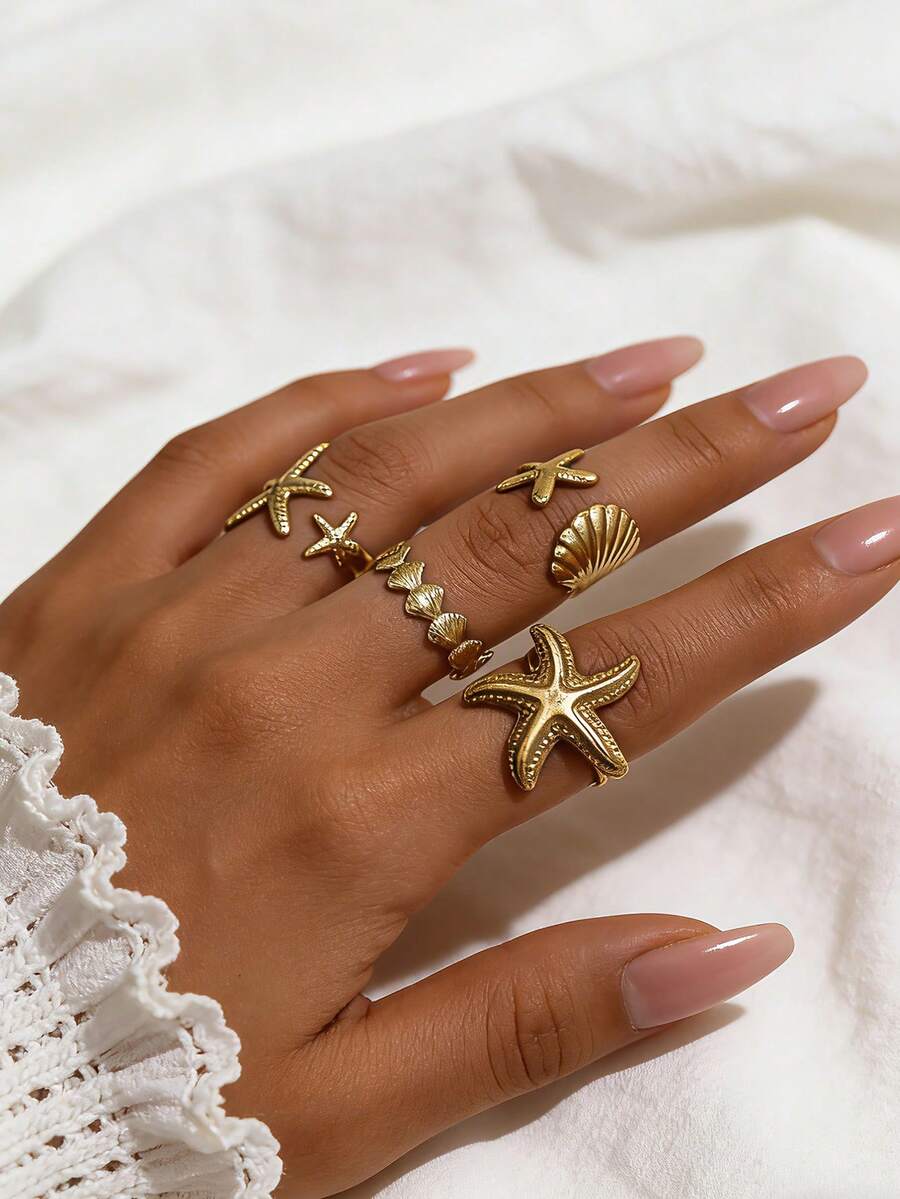 Set de 4 anillos vintage de estrella de mar punk para mujer, de metal multicapa, anillo de lujo para nudillos, joyería de playa para uso diario - Amarillo Oro - Ver 1