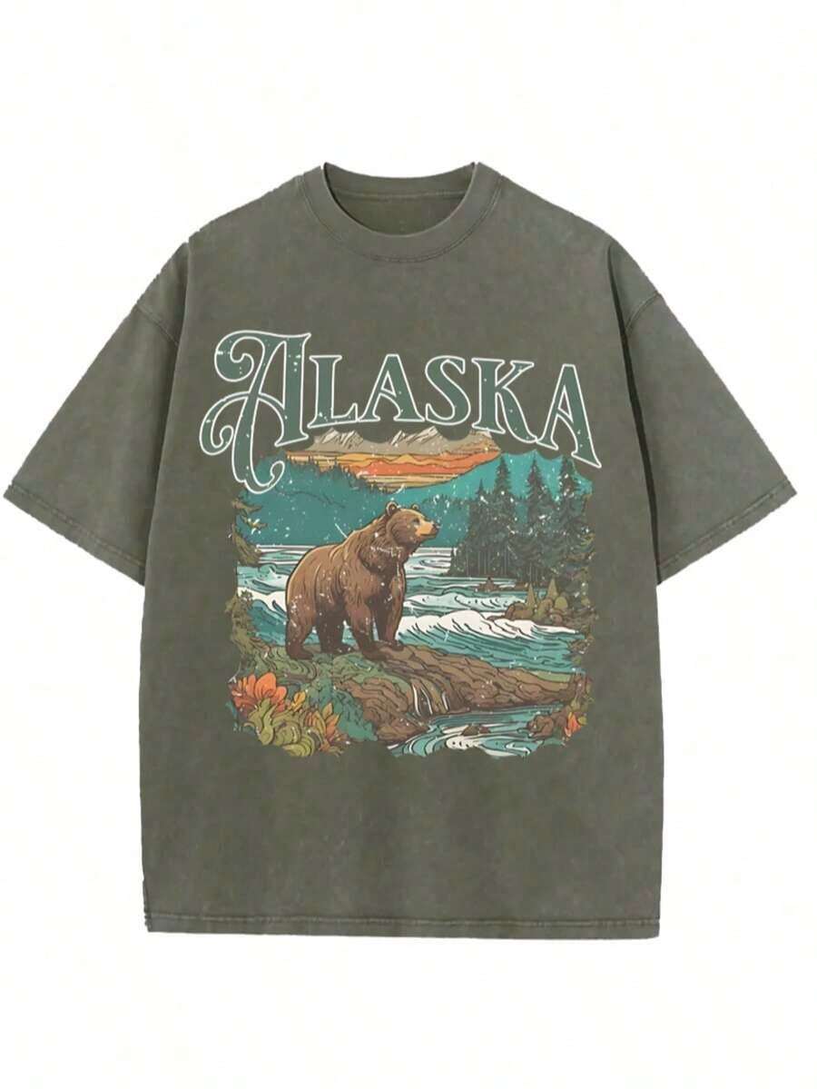 1PC GLEC Alaska, Beautiful Mountain Canyons And Bears, Classic Retro Fashion Casual Elegant Forest Park River Floral Popular Letter Pattern Print Boutique 230g Washed Cotton T-Shirt, Retro Street Versatile, Men's Summer High-Quality Printed Cotton Retro Fashion Brand Loose Soft Comfortable Casual Military Green T-Shirt, Unisex, Suitable For Spring And Summer Outdoor Wear, Parties And Gatherings, With A Certain Thickness, Daily Wear And Friends' Gifts, Back-To-School Gifts, New Year's Gifts, St. Patrick's Day Gifts, Spring Gifts. Summer Tops Summer Clothes Shirts Summer Outfits For Women Vacation Outfits Women Summer Graphic Tees Women T Shirts - 軍綠色 - 查看 1