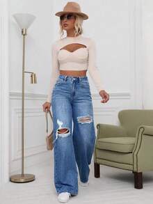 Jeans anchos de pierna ancha con efecto desgastado y ajuste holgado para adolescentes - Azul lavado oscuro - Ver 6