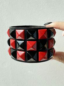 1件复古朋克树脂手链，黑红配色，创意多元素格纹皮革设计手链，Y2K风格饰品，适合日常搭配、购物、送友、时尚饰品 - 彩色 - 查看 4