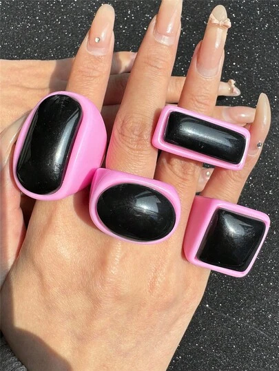 4pcs/Set Minimalist Pink & Black Geometric Square Resin Rings, Exaggerated Large Stackable Ring Set, Vintage Style Rings, Gift For Friends