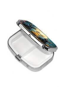 1pc Elegant Animal, Landscape, Portrait Printed Square Pill Box, Dual Grid Pill Case, Mini Portable Compact Pill Box, Travel Portable Pill Box For Pocket Or Wallet, Decorative Jewelry Earring Multi-Function Metal Box - Animal - View 7