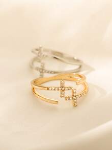 1PC Zirconia Double Cross Rings For Women Vintage Gold Color Opening Crystal Cross Finger Ring Party Wedding Jewelry Gift - Multicolor - View 7