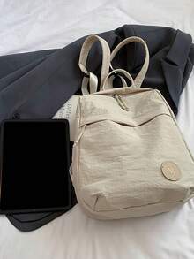 1pc Solid Color Fabric Double Washed Nylon Lightweight Large Capacity Travel Backpack, Minimalist Portable Backpack For College Students - Beige - View 4