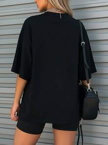 Camiseta de mujer con estampado de manga corta, conjunto casual y deportivo versátil para el verano - Negro - Ver 6