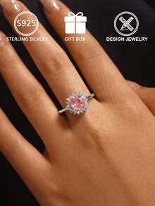 S925 Sterling Silver Ring With Pink Cubic Zirconia, Sunflower Design, Adjustable Size, Suitable For Daily Wear/Great Gift Choice, Comes With Gift Box - Silver - View 3