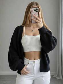 Women's Winter Cardigan Coat, Premium Knit - New Release - Black - View 1