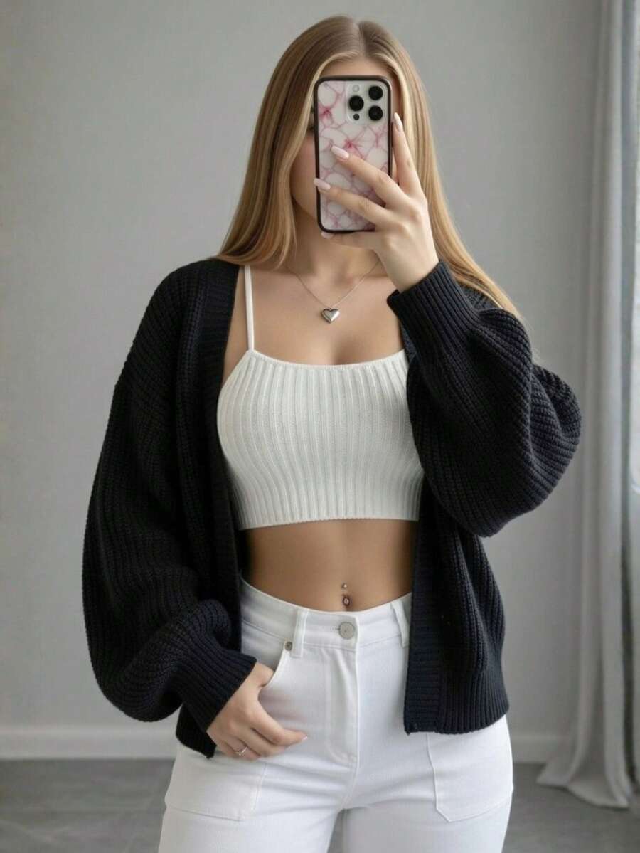 Women's Winter Cardigan Coat, Premium Knit - New Release - Black - View 1