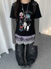 女款夏季休閒寬鬆字母與卡通印花短袖T恤黑色 - 黑色 - 查看 2