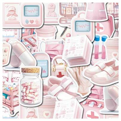 50Pcs Pink Medical Graffiti Stickers Cartoon Medical Decor Cute Heart Stickers Cute Medical Supplies Decor Gifts Aesthetic Stickers For Water Bottle, Guitar, Luggage, Phone, Case, Laptop, Skateboard, Gift