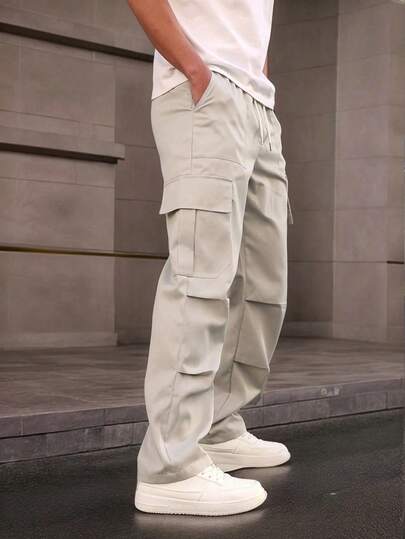 Homme Pantalones de carga con cintura con cordón y bolsillos, unicolor, para otoño