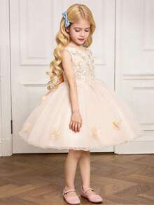 Girls' Solid Color Tulle & Satin Layered Floral Puff Dress, Elegant & For Birthday Party, School Event, No Headband Included - Champagne - View 6