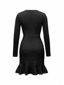 Unadoll 女士春季圆领冬季套装，仿口袋设计，纽扣装饰，优雅连衣裙，适合派对、约会、生日、聚会、通勤、晚餐、情人节等场合，黑色 - 黑色 - 查看 4