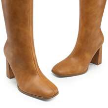 Women's Square Toe Gogo Boots Chunky Heel Classic Solid Color Knee High Boots With Side Zip Fashionable Tall Boots - Màu vàng - Xem 5