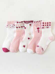 5双春夏新款甜美公主风女童网眼袜，柔软透气薄款粉色花朵蝴蝶结设计女婴袜 - 彩色 - 查看 2