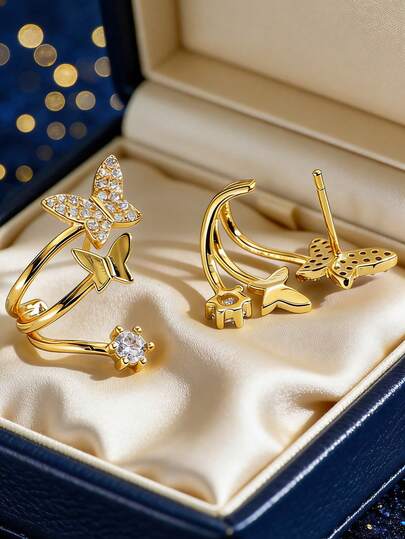 Women's Gold-Plated Multi-Layer C-Shaped Ear Cuffs, Fully Paved With Zirconia Butterfly And Crystal Accents, Minimalist Elegant Style, Suitable For Daily Commute And Workwear, An Ideal Gift For Fashion Enthusiasts