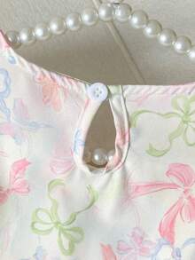 Girls' Casual Elegant Pink Bow Ruffle Hem Sleeveless Dress, Summer - White - View 6