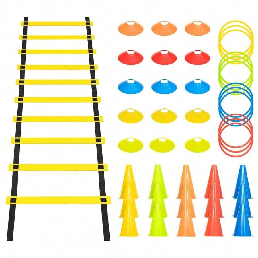 Complete Sports Agility Training Set Speed Ladder, Hurdles, Marker Cones, Rings, And Resistance Parachute For Football, Basketball, And Soccer - Set 1 (1 Agility Ladder Plate + 15 - View 1