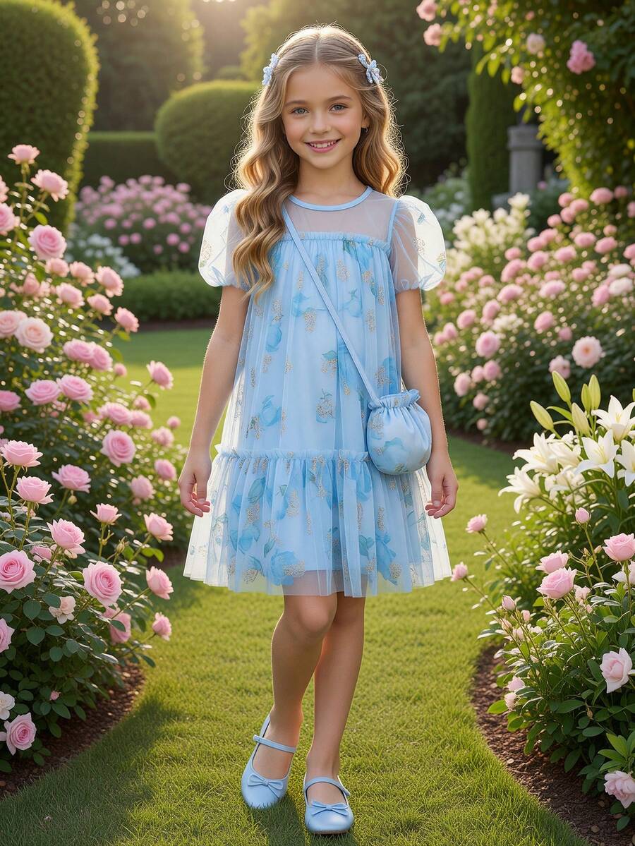 女童灯笼袖花卉网眼印花 A 字裙，可爱娃娃裙配斜挎包，夏季 - 藍色 - 查看 1