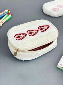 1个草莓刺绣网眼内衬化妆包 - 便携式日常化妆包，可爱韩式刺绣包，旅行必备，返校文具，铅笔盒 - A - 查看 4