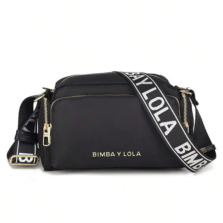 Women's Shoulder Bag With A Shoulder Strap. Luxurious Camera Bag In Crossbody Style. Square Bag. - Black With White Lettering (gold Logo) - View 1