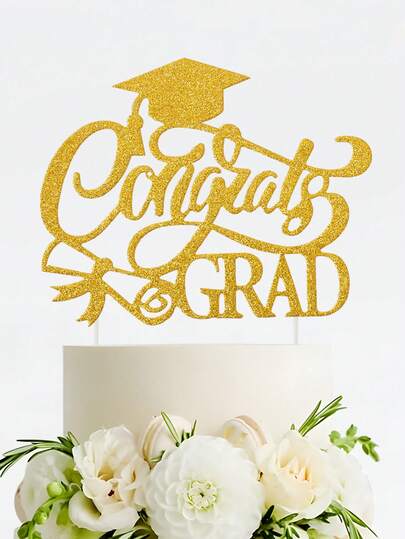 1个金色闪光毕业祝贺蛋糕装饰插牌，毕业蛋糕装饰插牌，纸杯蛋糕装饰，甜点装饰，毕业派对装饰，蛋糕装饰毕业派对用品，毕业祝贺，厨房装饰，餐桌装饰，大学毕业帽设计蛋糕装饰