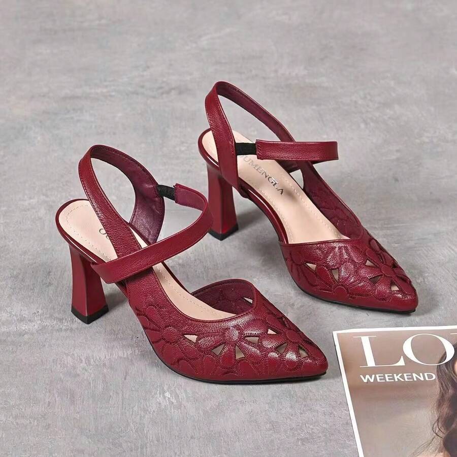 Giày sandal cao gót đế dày bằng da mềm, mũi kín, kiểu dáng mới mùa hè 2026, có quai, thích hợp phối cùng váy. - Màu Đỏ Sâu - Xem 1