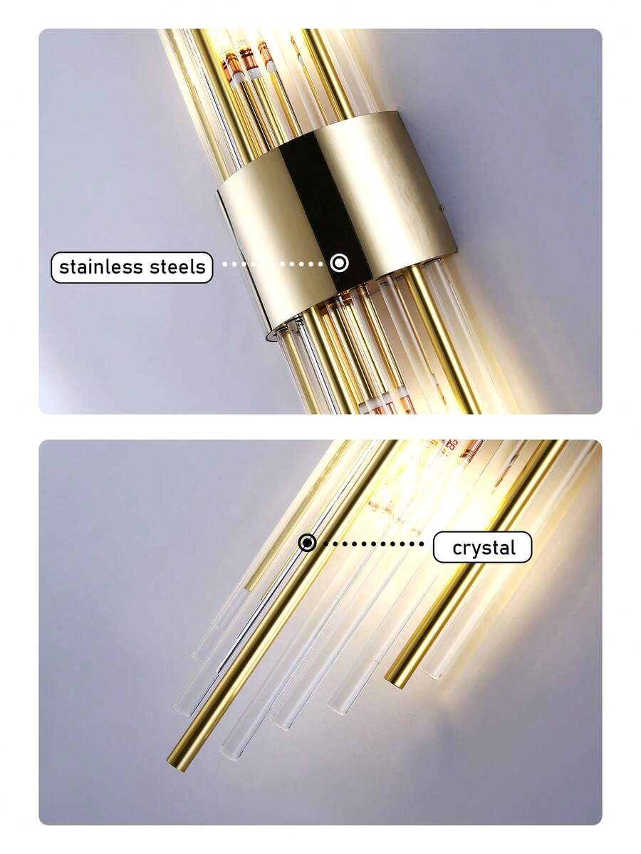 1盏/2盏现代水晶壁灯，兼容G9/E14灯泡，采用高清水晶和不锈钢灯体，金色流苏装饰，适用于客厅、卧室、床头、墙面装饰和氛围照明。