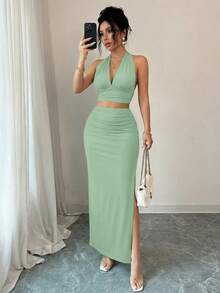 abyoxi Deep V-Neck Backless Tie Crop Top And Pleated Side Slit Maxi Skirt, Fashionable 2-Piece Set Summer - Pea Green - View 8