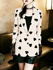 1pc Women's Elegant Heart Print Contrast Button Front Blazer Jacket, Suitable For Commuting, Office, Daily Wear, Spring/Summer Vacation - Apricot - View 4
