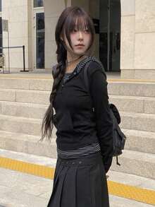 Áo hoodie tay dài cài nút phối màu mùa xuân kẻ sọc cho nữ - màu đen - Xem 8