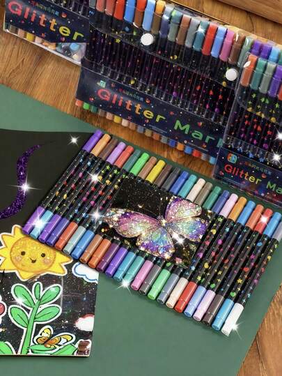 96 Colors Double-Ended Glitter Markers, Soft Tip Acrylic Markers, Dual Color Glitter Watercolor Pens, Water-Based Pens, Highlighters, Drawing & Writing Tools