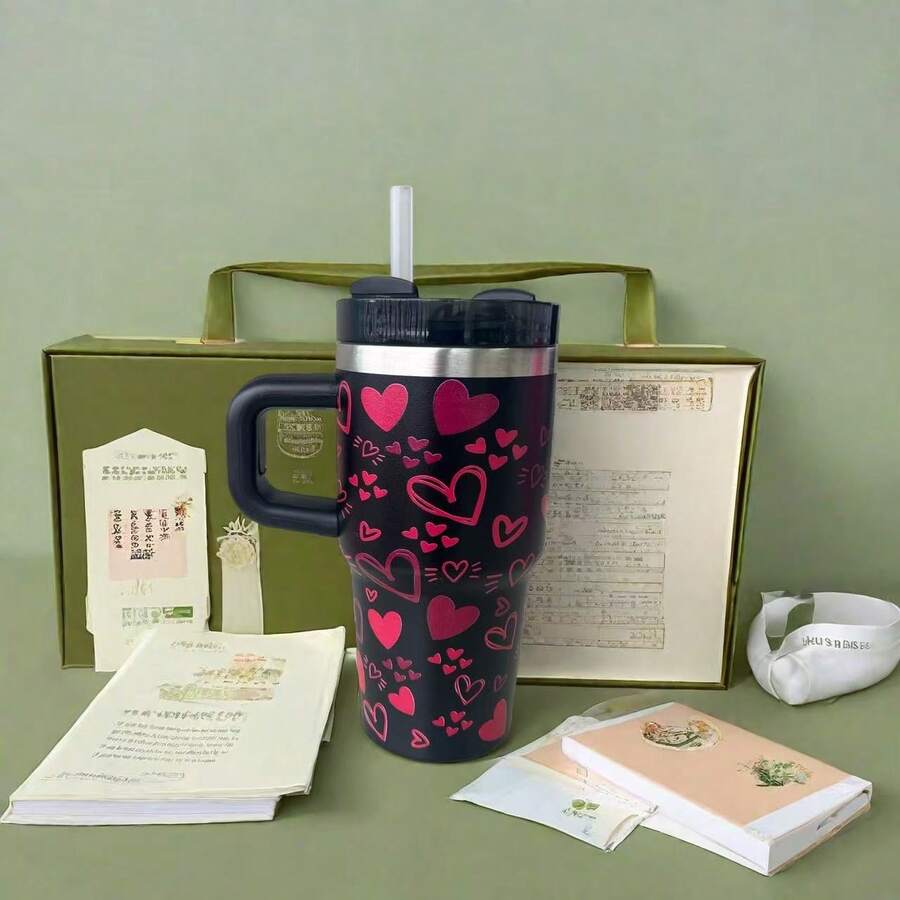 600ml Thermal Mug With Handle, Lid And Straw – Flower Print 1866-600ml - 黑色的 - 查看 1