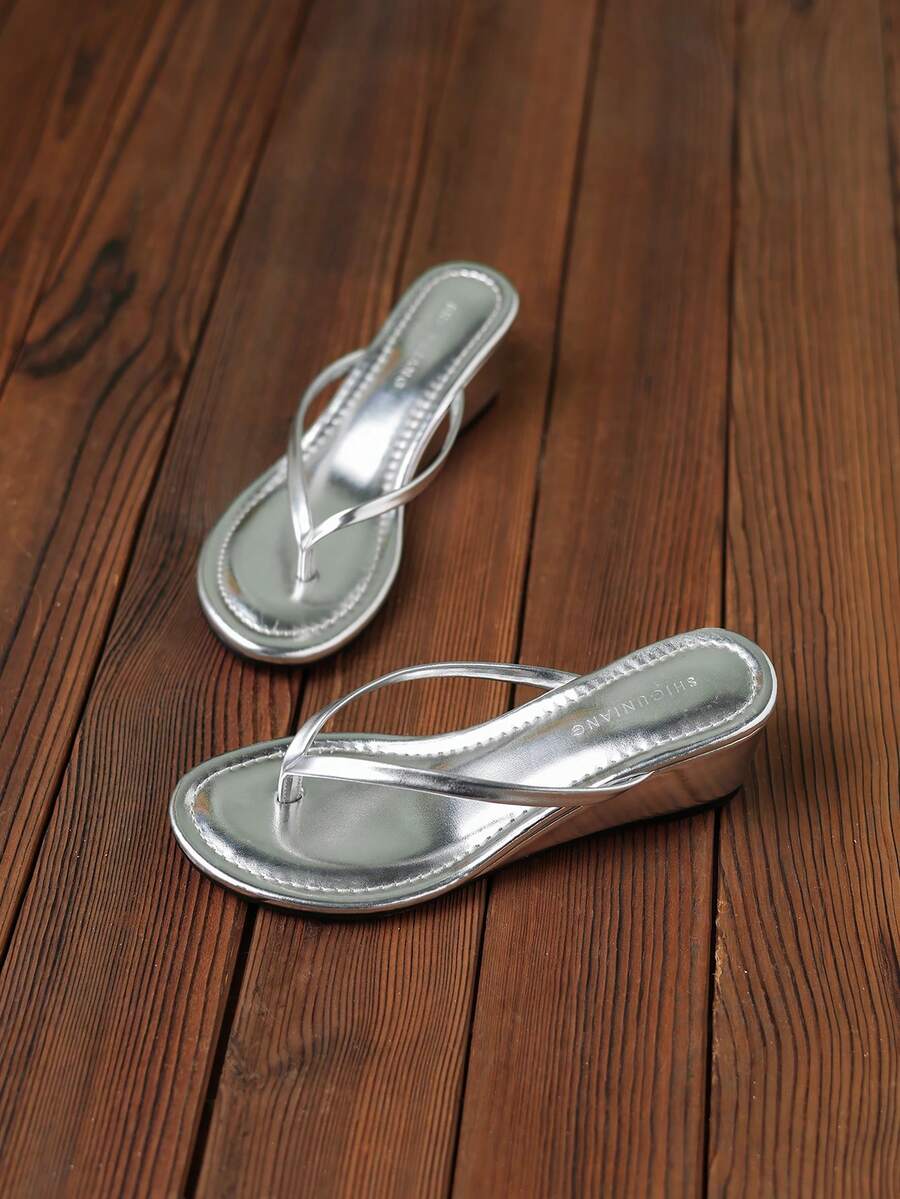 2026 Summer New Women's Thong Sandals, Fashion Office High Heel Mules, Casual Solid Color Wedge Thick Bottom Elegant Minimalist Slippers, Suitable For Dresses 971-1 - Silver - View 1