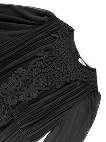 Plus Size Women's Black Pleated Chiffon Puff Sleeve Lace Decor Fitted A-Line Dress, Elegant For Wedding Guest, Cocktail Party, Formal Occasion Spring - Black - View 5