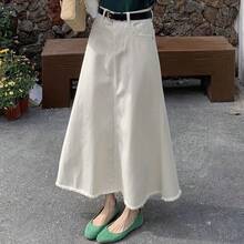 Off-White Denim Skirt For Women, 2026 Spring-Summer, High-Waisted, Slimming, Frayed Hem, Mid-Length, Bodycon, A-Line Fishtail Skirt - Off White - View 1