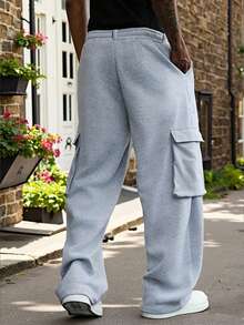 Men's Light Grey Loose Cargo Pants, Elastic Waist, Multi-Pocket, Street Style - Light Grey - View 3