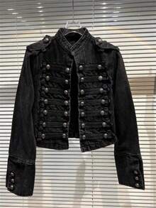 Heavy Industry Railway Short-Sleeved Denim Jacket For Women, 2026 New Fashion Round-Neck Long-Sleeved Denim Jacket - 黑色 - 查看 2