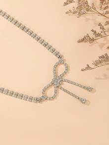 Delicate Rhinestone Bow Waist Chain, Sparkling Crystal Belly Belt For Dresses & Gowns - Silver - View 6