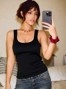 Áo hai dây cổ tròn màu đen đa năng, kiểu dáng tối giản, hở lưng, ôm sát, thoáng khí, thích hợp mặc ngoài/mặc trong, không tay, có đệm ngực. - màu đen - Xem 4