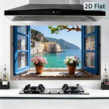1pc 2D Self-Adhesive Kitchen Wall Sticker | Open Window Seaside Town Seascape With Blue Frame And Flowers, Removable Kitchen And Living Room Splash-Proof Wallpaper, Glossy Vinyl - Style 1 - View 4