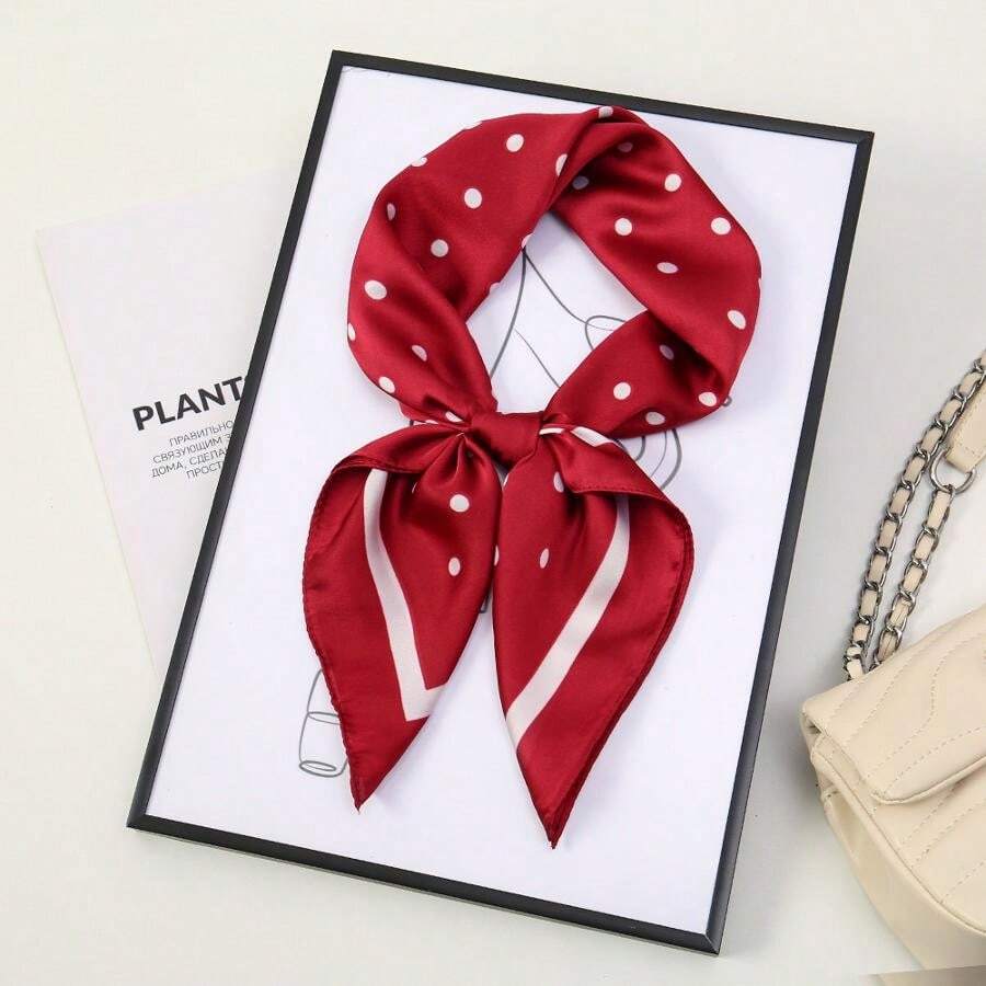 70 Flower Polka Dot Simulation Silk Scarf Neck Small Square Scarf Korean Atmosphere Sunscreen Scarf Advanced Sense - 波點(紅色) - 查看 1