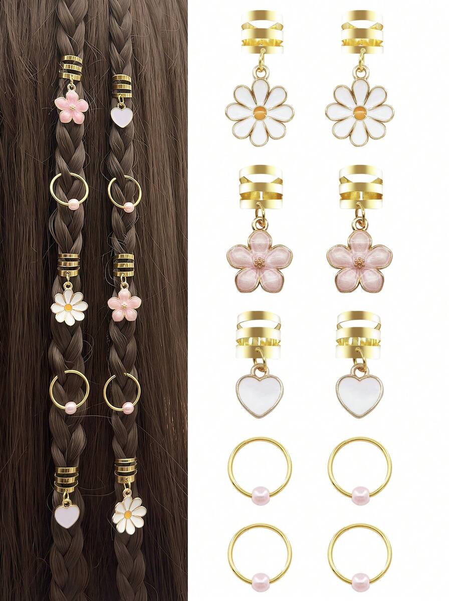 10pcs White Daisy Heart & Pink Camellia Faux Pearl Hair Rings - Elegant Adjustable Alloy Hair Cuffs, Princess Style Boho Jewelry For Girl's Braids & Dreadlocks - Gold - View 1
