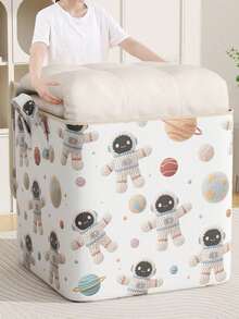 1pc Cute Astronaut Print Large Capacity Foldable Waterproof Garment Storage Bag, With Reinforced Handle, Can Hold 4 Comforters/50 Sweaters, Space-Saving Storage Box - White - View 3